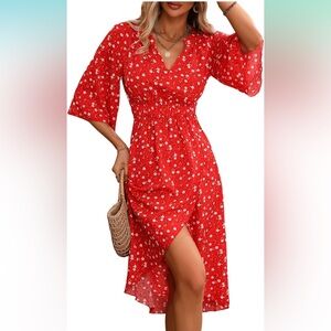 Women's Half Sleeve Floral Print Wrap Dress Boho Flowy A Line Midi Dresses